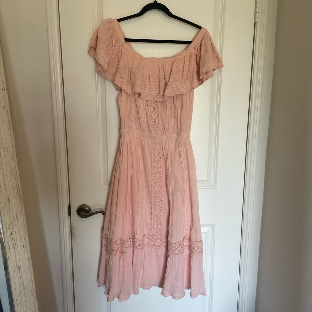 Spell Pink Ruffled Off-Shoulder Midi Dress